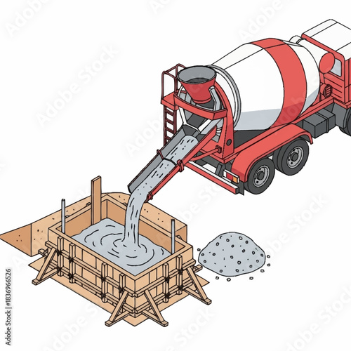 Concrete mixer truck pouring wet cement into wooden formwork.
