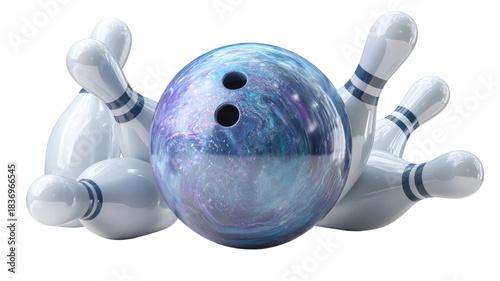 Blue 3D bowling ball and pins illustration for sport and fun game activity