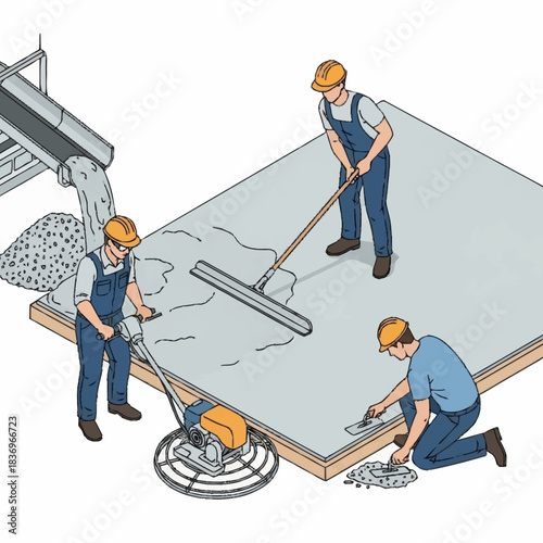 Construction workers pouring and finishing concrete slab.