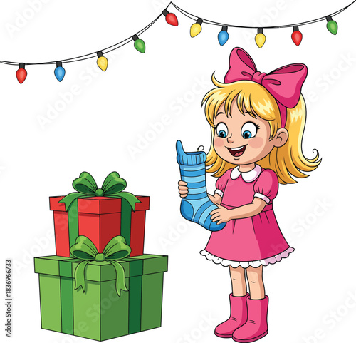 Cute Christmas Illustration of a Little Girl with Presents, Holiday Stocking, and Colorful String Lights