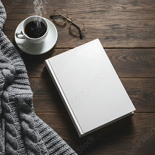 Blank Book Mockup on Rustic Wooden Table with Coffee and Cozy Accessories, Productive Morning Workspac
