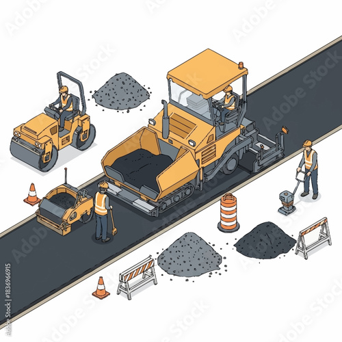 Road Construction Workers Operating Heavy Machinery for Asphalt Paving.