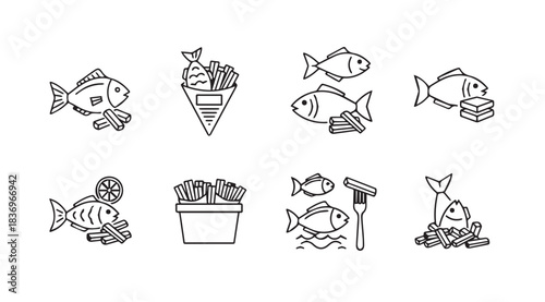 Charming hand drawn fish and chips icons set for food and restaurant branding vector