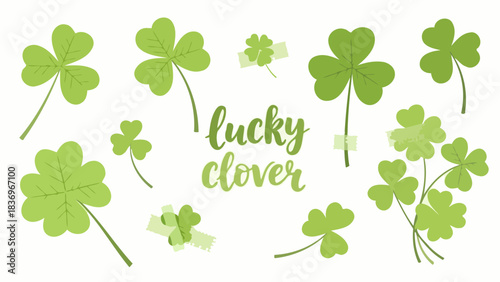 A collection of various green lucky clover illustrations with the words 'lucky clover' in calligraphy on a white background, perfect for St. Patrick's Day celebrations and good fortune themes