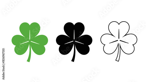 Three shamrock clover icons in green, black, and outline styles, representing luck and St