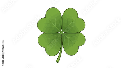A vibrant green four-leaf clover isolated on a clean white background, symbolizing luck and prosperity