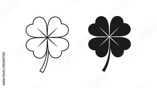 Simple vector illustration of a lucky four-leaf clover, presented in both outline and solid black graphic styles, symbolizing good fortune and success through a classic graphic element