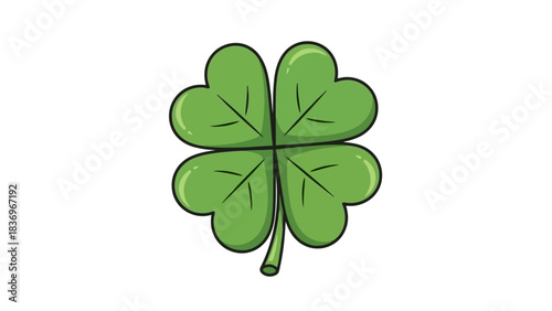 A simple, stylized illustration of a vibrant green four-leaf clover against a clean white background, symbolizing luck and good fortune in a charming, graphic style