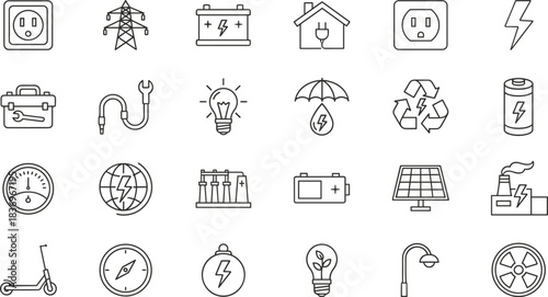 Electricity, power, and renewable energy outline vector icons set; featuring battery, solar panel, outlet, and tools essential for electric, energy, and eco-friendly projects.