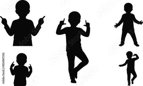 Child silhouette gestures, expressive body language, playful pose set, black illustration, dynamic stance icon, youth movement, non-verbal communication, dance gesture, emotional posture