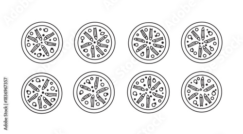 Collection of eight delicious pizza slices hand drawn sketch style for food photography and design vector