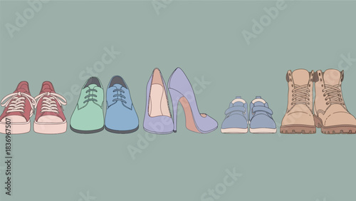 Collection of diverse footwear types arranged side by side.