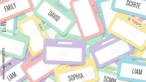 Collection of Blank Name Tags with Some Names Visible.