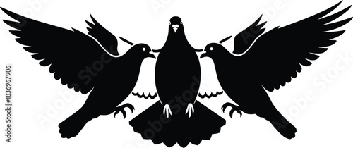 Dove silhouette trio, bird symmetry icon, peace and unity illustration, black composition, symbolic avian pose, harmony gesture, spiritual connection, love symbol, winged balance