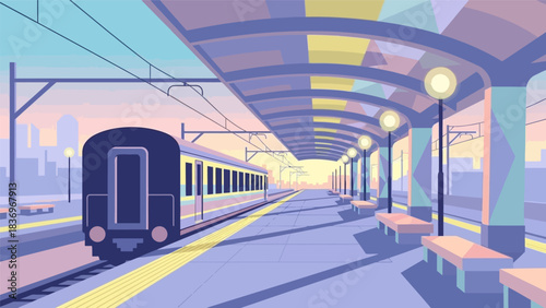 Train at a station platform during a serene sunset.