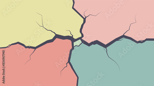 Cracked surface with colorful sections symbolizing division and damage.