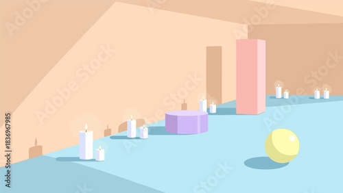 Minimalist geometric composition with abstract shapes and soft pastel colors.