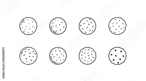 Hand-drawn sketch of eight round cookies with chocolate chips in top-down view vector