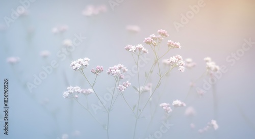 Soft focus image of delicate pink and white wildflowers in a dreamy, pastel-colored haze