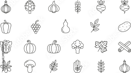 Fruit, vegetable, and grain outline vector icons set,featuring peppers, pumpkin, grapes, and spices essential for cooking, organic food, and grocery store branding.