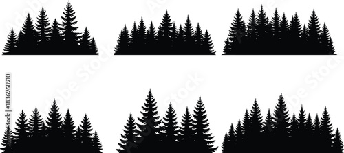 Black Pine Forest Silhouettes Majestic Coniferous Tree Groups Vector Collection for Landscape, Nature, Outdoor, and Wilderness Background Designs