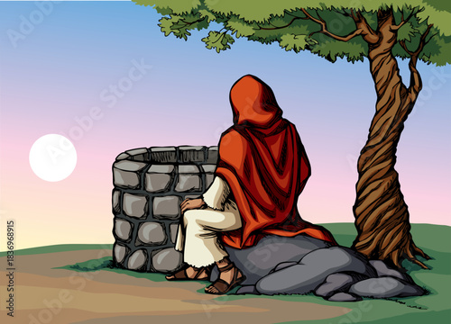 Vector drawing. Jesus at the well