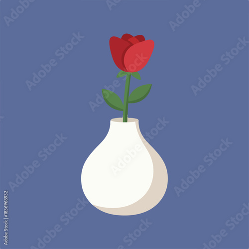 A minimalist illustration of a single red rose in a white vase against a blue background.