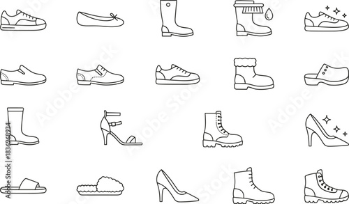 Footwear and shoe outline vector icons set,featuring sneakers, boots, heels, and casual slippers essential for fashion, shopping, and retail websites maintaining high SEO.
