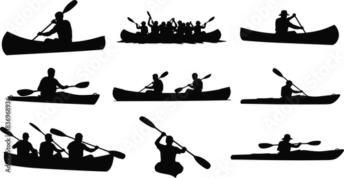 Black Silhouette Set of People Paddling Canoes and Kayaks on Water, Representing Outdoor Recreation, Summer Adventure, Leisure Sports, and Teamwork Activities.