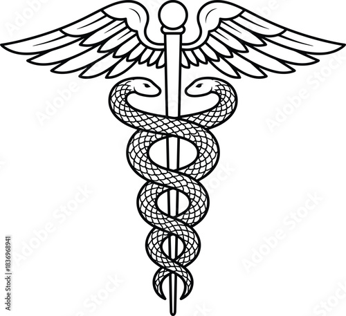 Caduceus Symbol Medical Healthcare Pharmacy Outline Black White Vector Icon Two Snakes Winged Staff Mythology God Hermes Emblem.