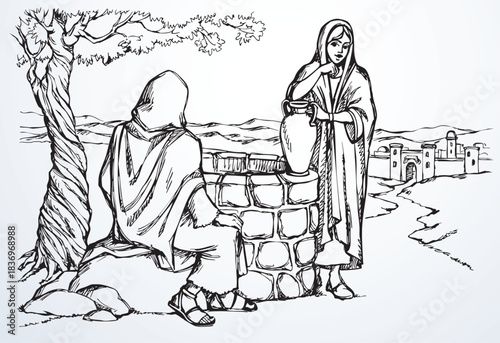 Vector drawing. Jesus and woman