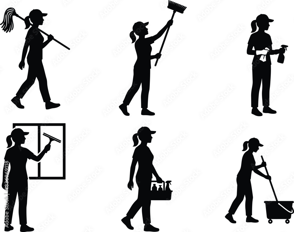 Obraz premium Cleaning Service Silhouette Set Professional Female Janitor Worker Mopping Floor Dusting Surface Window Washing Spray Bottle Supplies Broom.