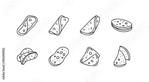 Collection of hand drawn tortillas and wraps various styles and folds isolated on white surface vector