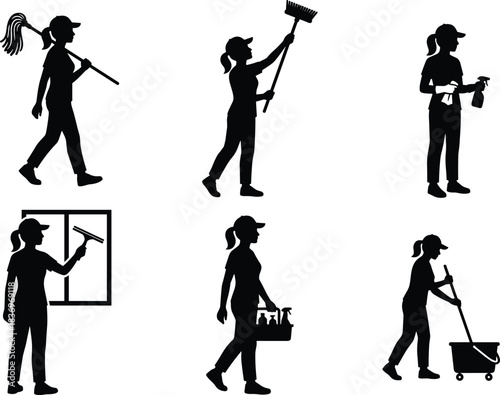Cleaning Service Silhouette Set Professional Female Janitor Worker Mopping Floor Dusting Surface Window Washing Spray Bottle Supplies Broom.