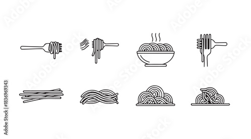Collection of spaghetti icons showing various stages of preparation and serving vector