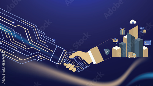 A powerful and conceptual vector illustration symbolizing the intersection of technology and business through a digital handshake. The graphic is ideal for IT, finance, logistics, corporate technology