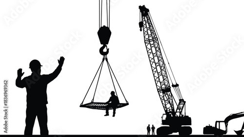 Construction Site Safety Silhouette Workers Operating Heavy Machinery Crane Lifting Man Basket Rigging Signalman Directing Industrial Project Sky Background.