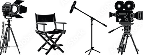 Collection of four black and white silhouettes featuring film industry equipment director's chair, studio spotlight, vintage movie camera, and boom microphone on a stand