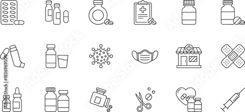 Medicine, pharmacy, and healthcare outline vector icons set featuring drugs, bottles, masks, and tools essential for medical, pharmaceutical, and health-related projects.