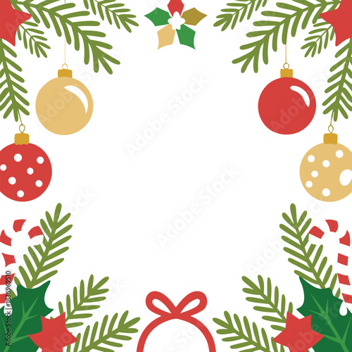 Festive christmas frame with ornaments, pine branches, holly and candy canes