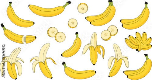 Vector Collection of Yellow Bananas in Various Forms, Including Whole Fruits, Slices, Peeled, and Bunches, Ideal for Healthy Food, Tropical Fruit, and Snack Design Concepts