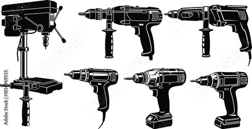 Power Drill and Drill Press Silhouettes Collection Black Vector Illustrations of Corded and Cordless Tools for Construction, Carpentry, and DIY Projects.