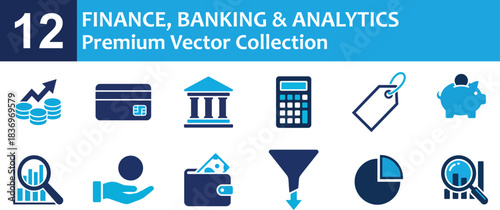 Collection of finance and banking icons featuring analytics and business investment symbols.