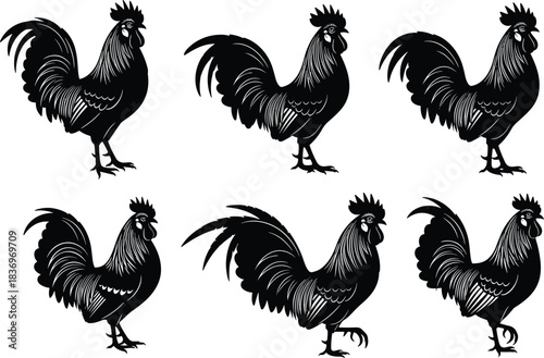 Set of Six Stylized Black Silhouette Vector Roosters and Cocks in Different Poses, Ideal for Farm, Food, and Mascot Design Elements.