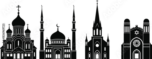 Silhouette Collection of Christian Orthodox Church, Islamic Mosque, Catholic/Protestant Church, and Jewish Synagogue, Symbolizing Unity and Interfaith Dialogue.