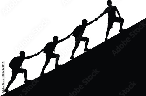 Silhouette of a climbing team ascending a steep hill, helping each other, illustrating partnership, teamwork, and the concept of overcoming a challenge or struggle.