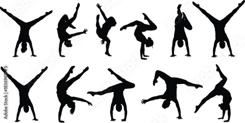 Silhouettes of gymnasts performing various acrobatic balance poses, including handstands and cartwheels, demonstrating strength, flexibility, and dynamic movement for fitness and sports design.