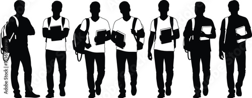 Silhouettes of Young Adult Male College and University Students Walking, Standing, and Posing with Backpacks and Books on a White Background, Representing Education and Future.