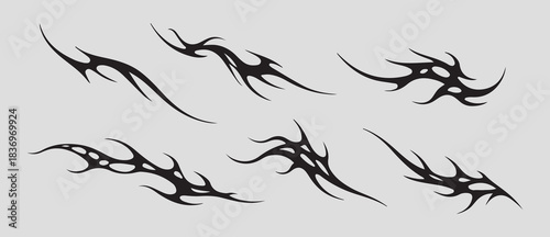 Neo Tribal Y2K Cyber Sigilism Tattoo Patterns Vector Set. Gothic Streetwear Graphic Print Design. Blackwork Futuristic Grunge Abstract Shapes Collection.