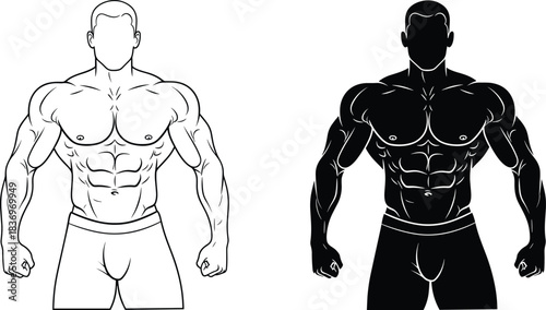 Vector Illustration of Muscular Man Torso with Outline and Black Silhouette Styles, Perfect for Fitness, Bodybuilding, and Gym Design.